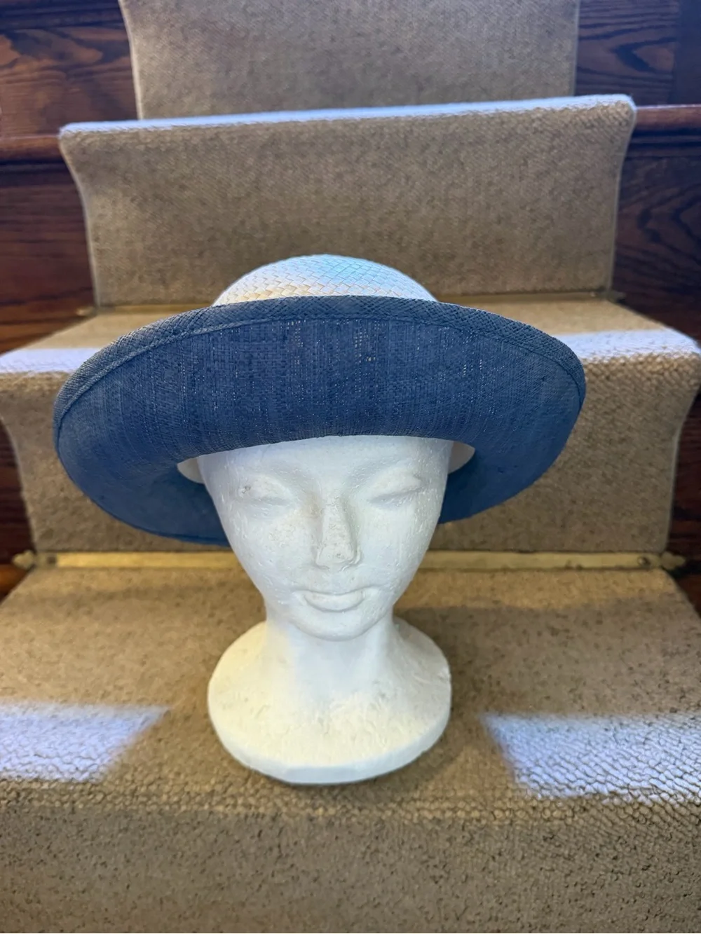 Women's Cream Straw Sun Hat with Blue Brim